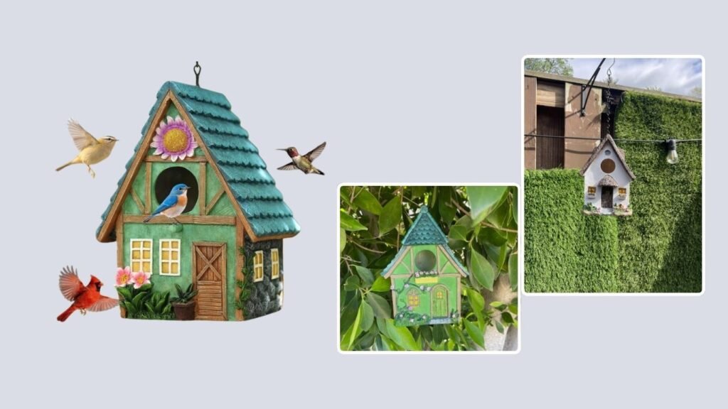 Cottage-Style Hanging Birdhouse with Decorative Accents